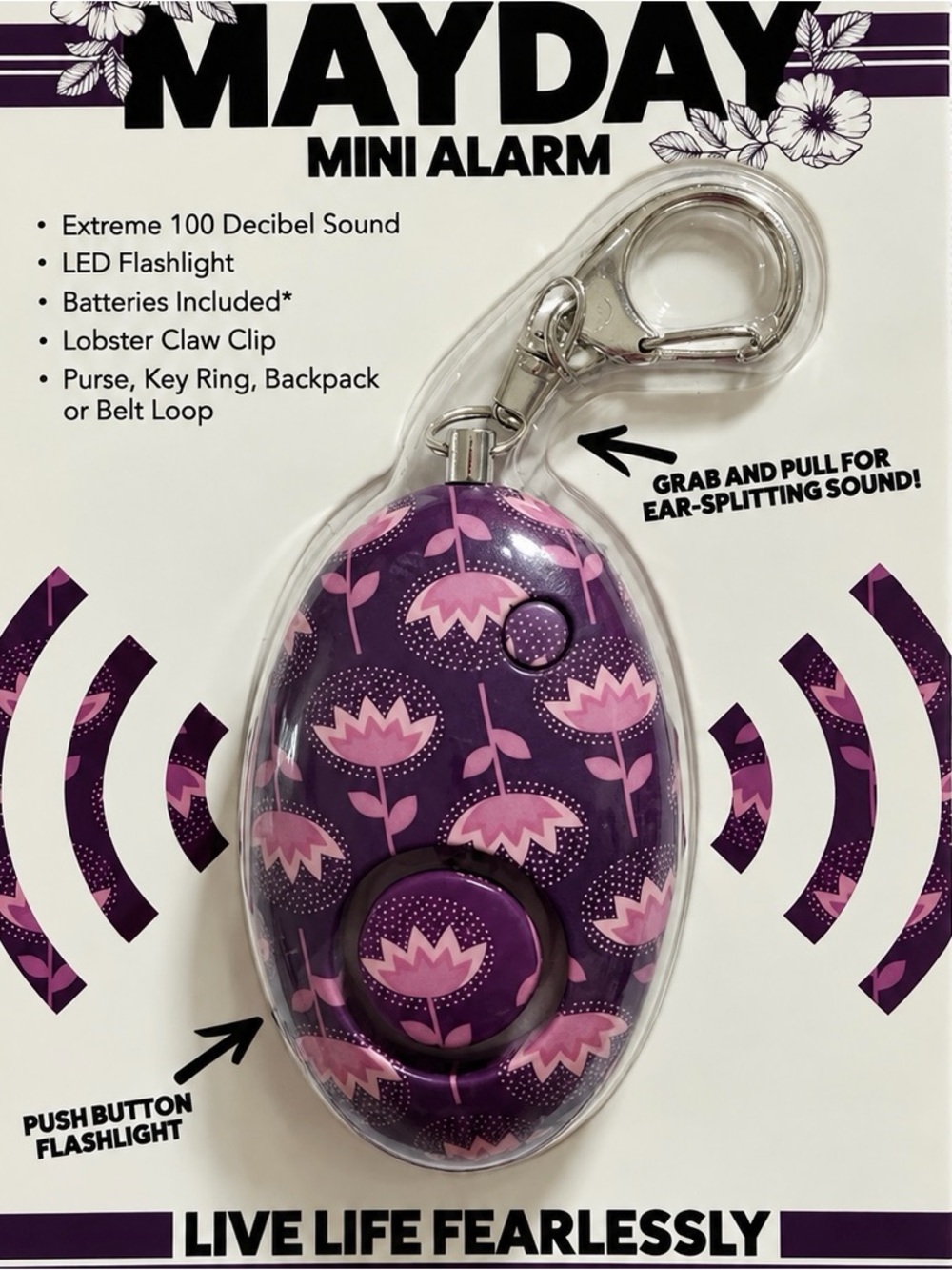NWT MAYDAY Mini Personal Safety Alarm Keychain 100dB LED Flashlight Floral